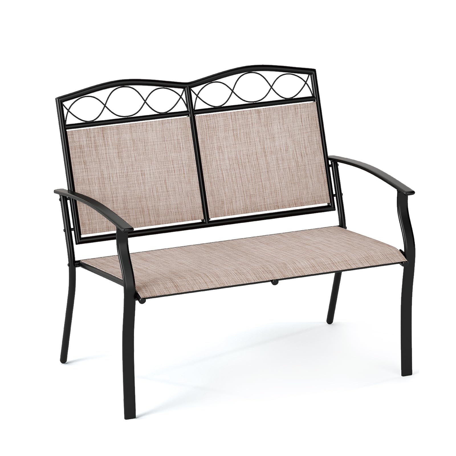 GIANTEX Banc Exterieur Jardin avec Dossier et Assise en Tissu Respirant, Charge 300 kg, Cadre en Métal Robuste avec Accoudoirs, Banquette Exterieur Jardin 2 Places pour Porche, Patio, Piscine, Marron