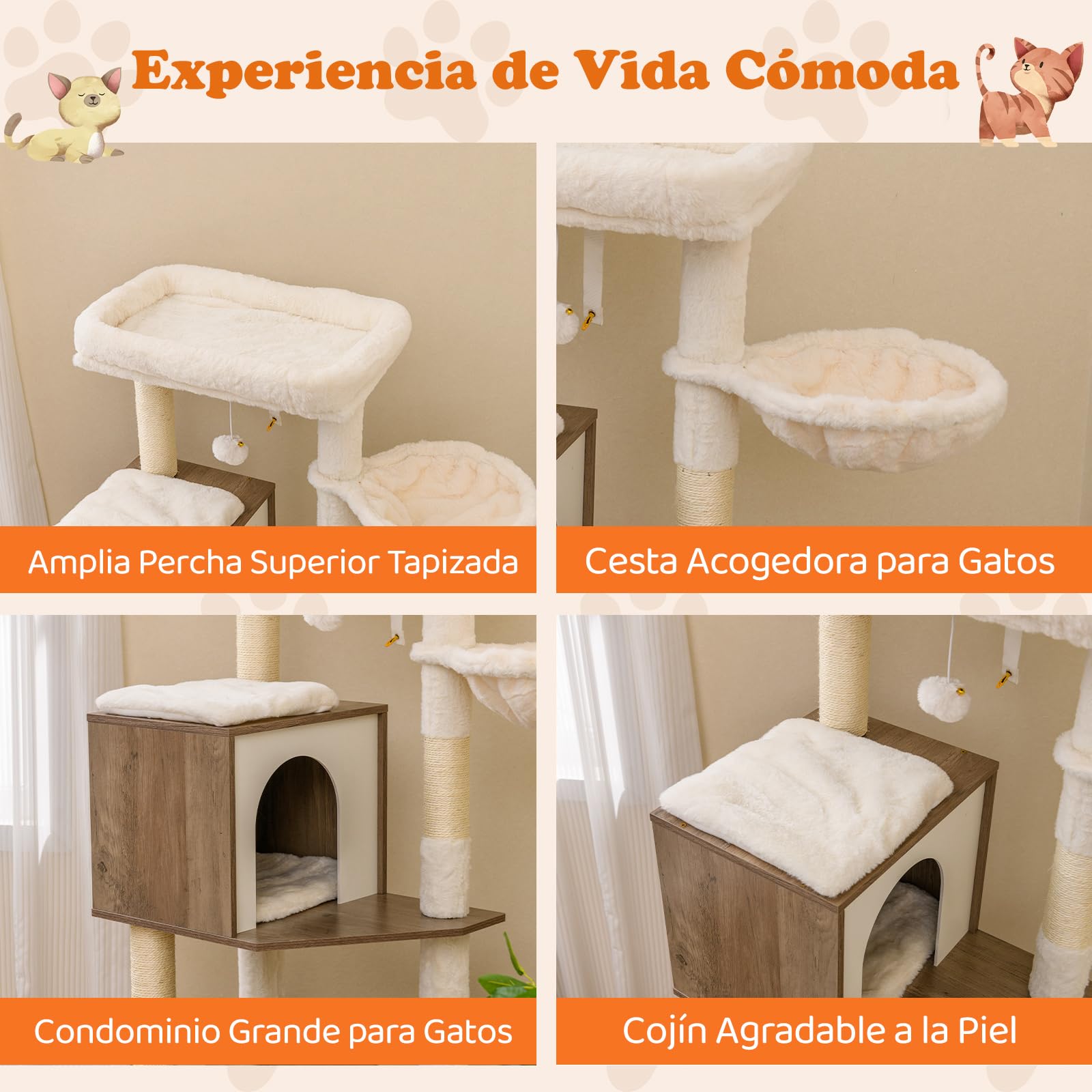 GOPLUS Mueble para Arena de Gatos, Árbol Rascador para Gatitos con Caseta, Hamaca, Casita Escondida, Palo de Sisal, 2 Comederos, Rascadores y Pelotas, Armario Moderno para Gatos de Interior (Gris)