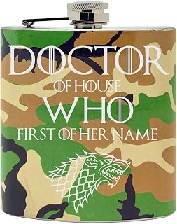 "Doctor of House Who, First of Her Name" Funny TV Design Custom Printed Stainless Steel Alcohol Hip Flask, 6 Oz. Camo