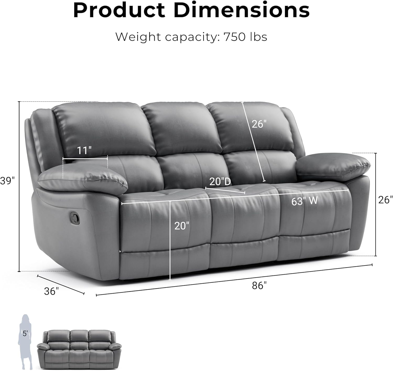 Furniture of America Sorin Modern 3-Piece Leather Recliner Sofa Set with Pillow Armrests, Reclining Sectional Couch, Loveseat and Arm Chair for Living Room, Office, FSC Certified, Dark Gray, CH+LV+SF