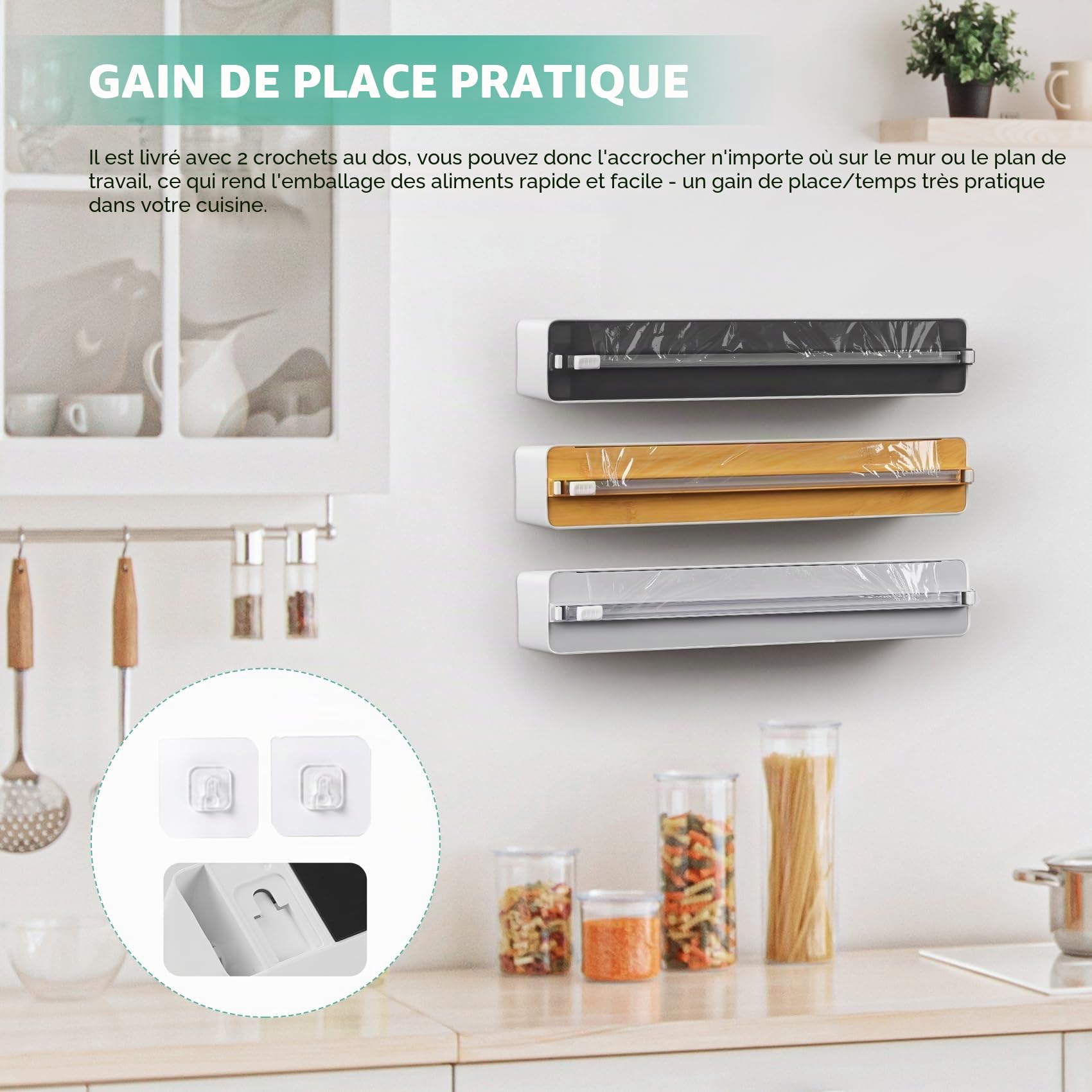 Derouleur Film Alimentaire avec Coupeur - Magnétique et Murale sans Percer, Distributeur Papier Aluminium et Film - Organisateur de Cuisine Gain de Place - Rouleaux Jusqu'à 31cm, Blanc
