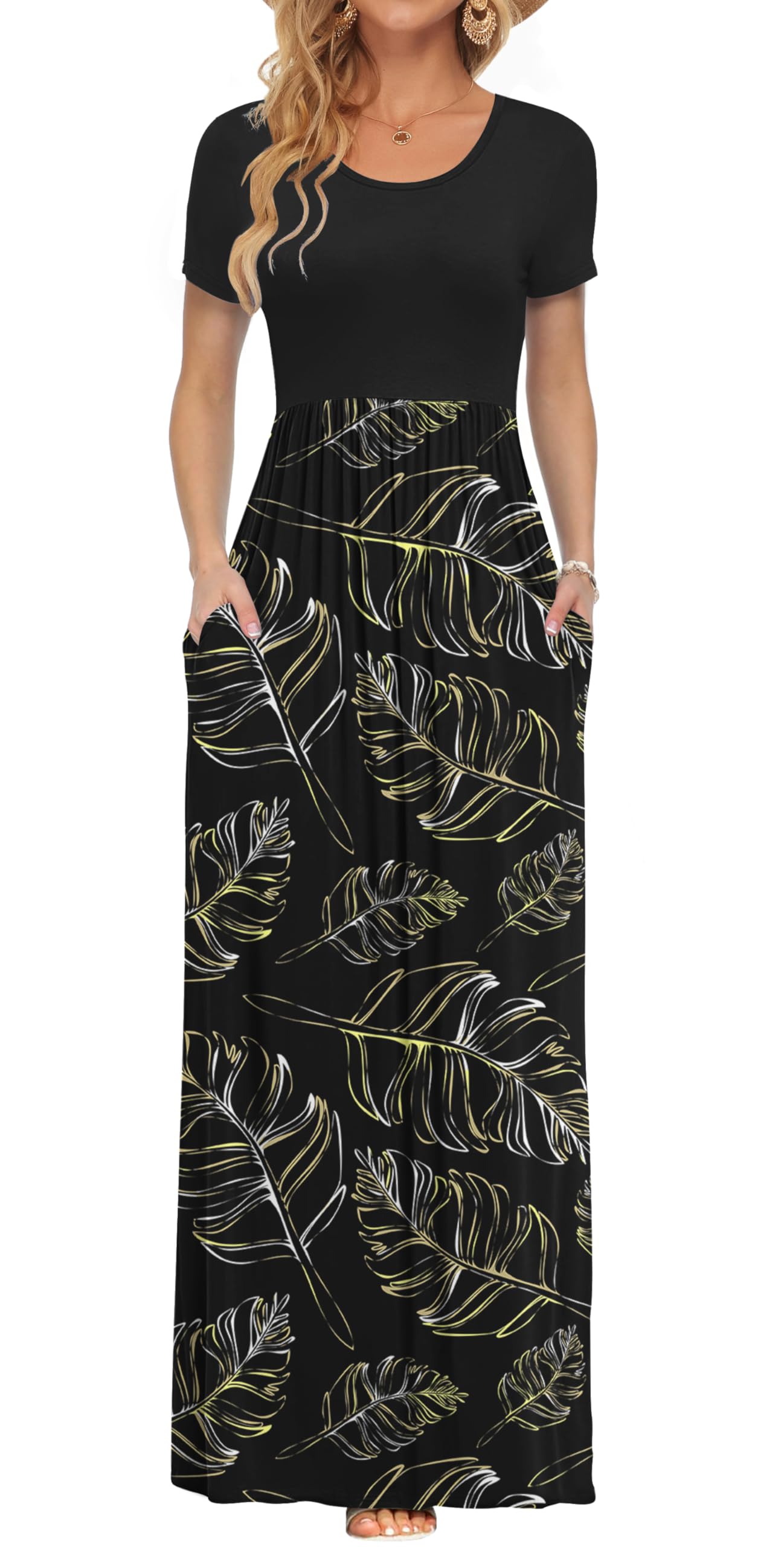 AUSELILY Women's Summer Short Sleeve Loose Plain Casual Long Maxi Dresses | Year Round wear solid floral print, Casual wear, Empire waist, Floor length, Side pockets