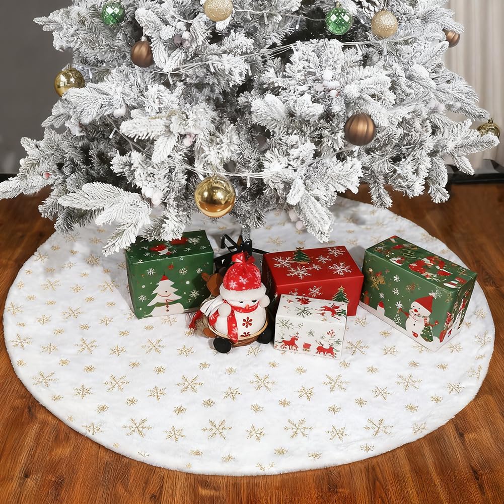 Jynxtoyzeal White & Silver Faux Fur Christmas Tree Skirt 90Cm, Large White&Silver Plush Tree Skirt With Sequin Snowflakes Vine Branch Base Tree Mat Base Cover For Xmas Holiday Party Home Decor