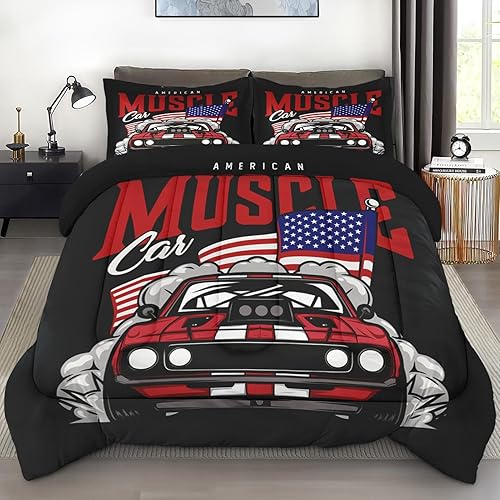 Miniatura 18 de Juego de edredón tamaño completo de Pamnest, juego de ropa de cama vintage de 3 piezas para niños y adultos, juego de edredón de autos clásicos con