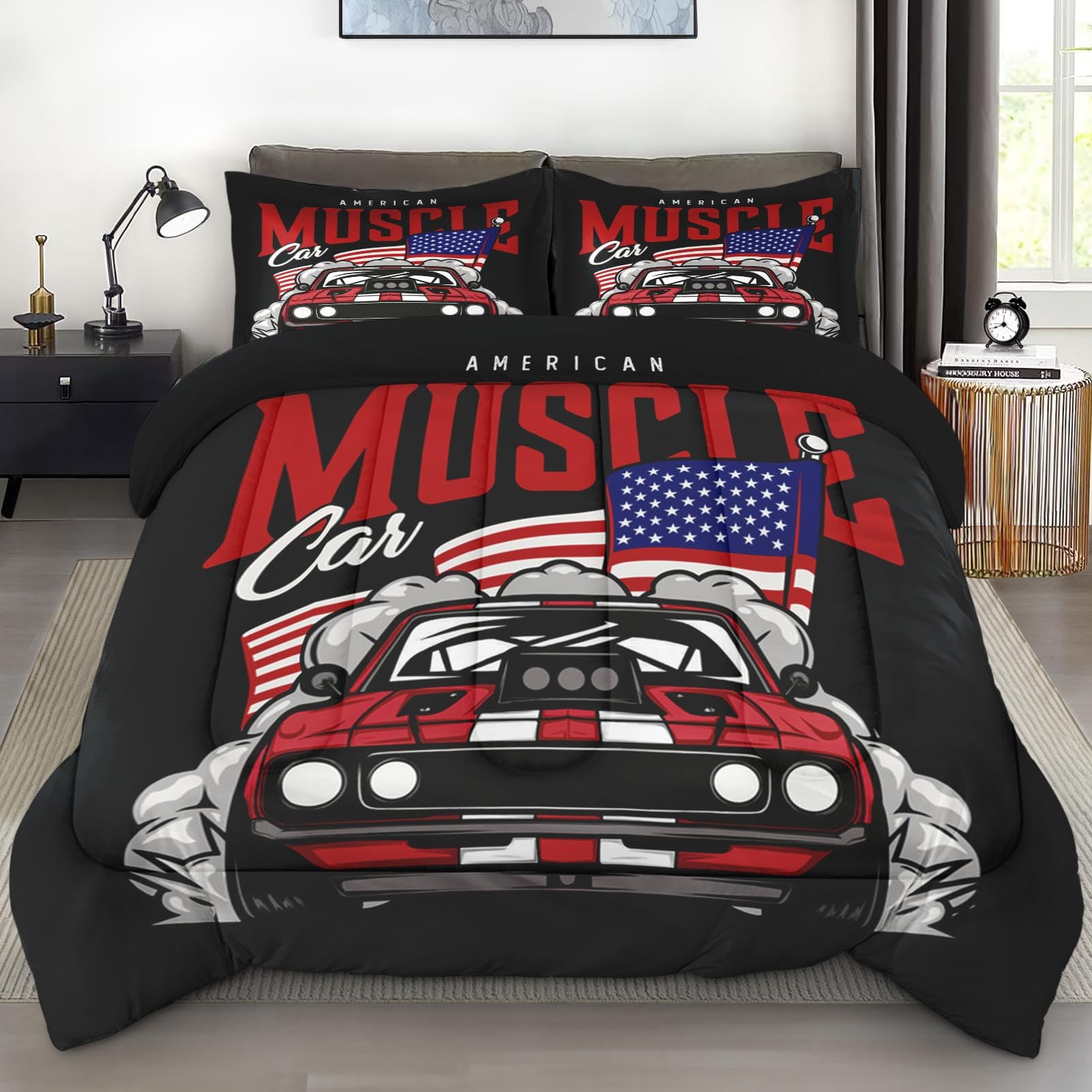 Pamnest Comforter Set Full Size, American Flag Car Vintage Soft 3 Pcs Bedding for Kids and Adults, Race Retro Vehicle Comforter Set with Pillowcase,