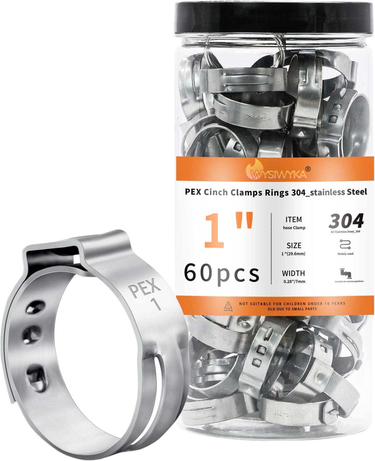 60pcs 1 inch PEX Cinch Clamps Rings, 304 Stainless Steel Single Ear Hose Clamps, Pex Crimp Rings for PEX Tubing Pipe Fitting Connections