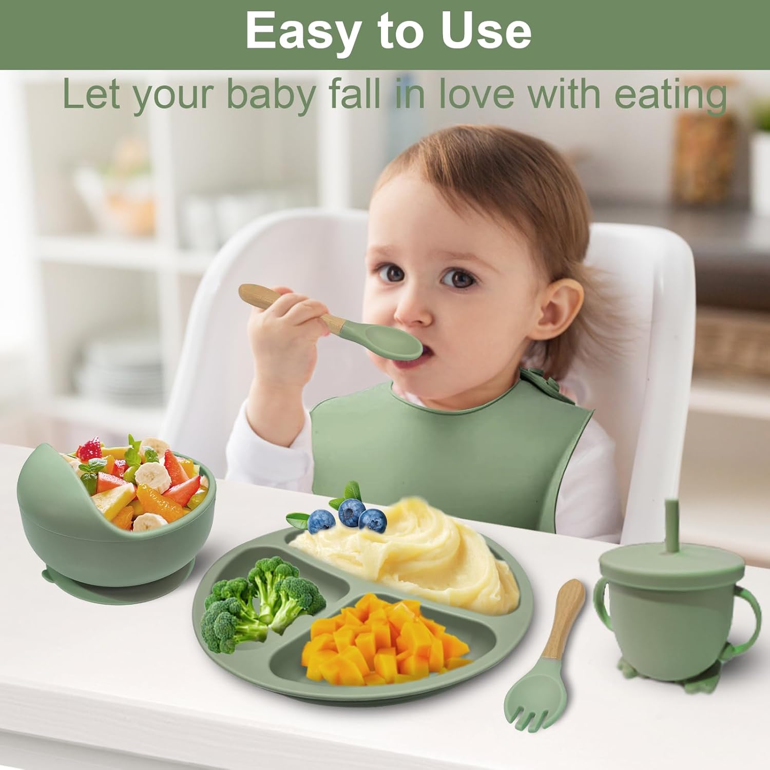 Silicone Baby Feeding Set, Fzyoayzm 8pcs Baby Led Weaning Supplies With Suction Bowl Divided Plate, Toddler Led Weaning Self Feeding Utensils Dish Set with Spoons Forks Sippy Cup Bib BPA-Free, Green