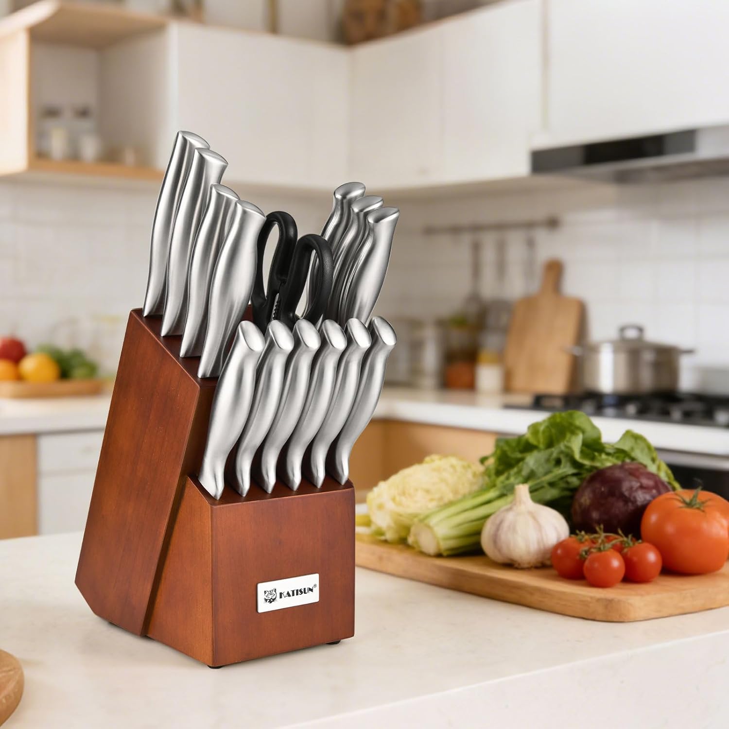 Knife Set, 15-Piece Kitchen Knife Block Sets with Built-in Sharpener, German Stainless Steel Knife Block Set, Dishwasher Safe and Ergonomic