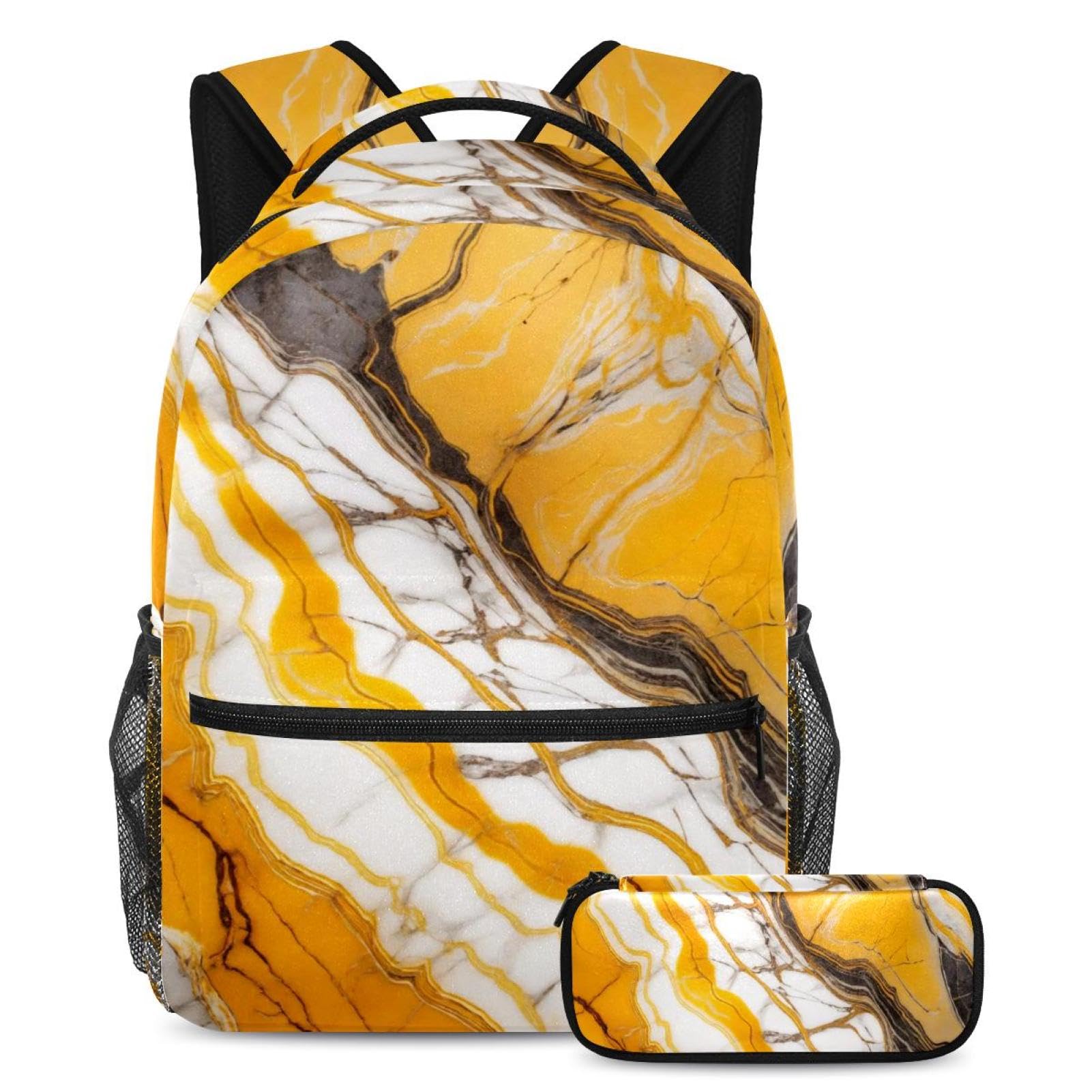 Sac à dos esthétique texture marbre jaune de qualité supérieure avec trousse coordonnée - 7