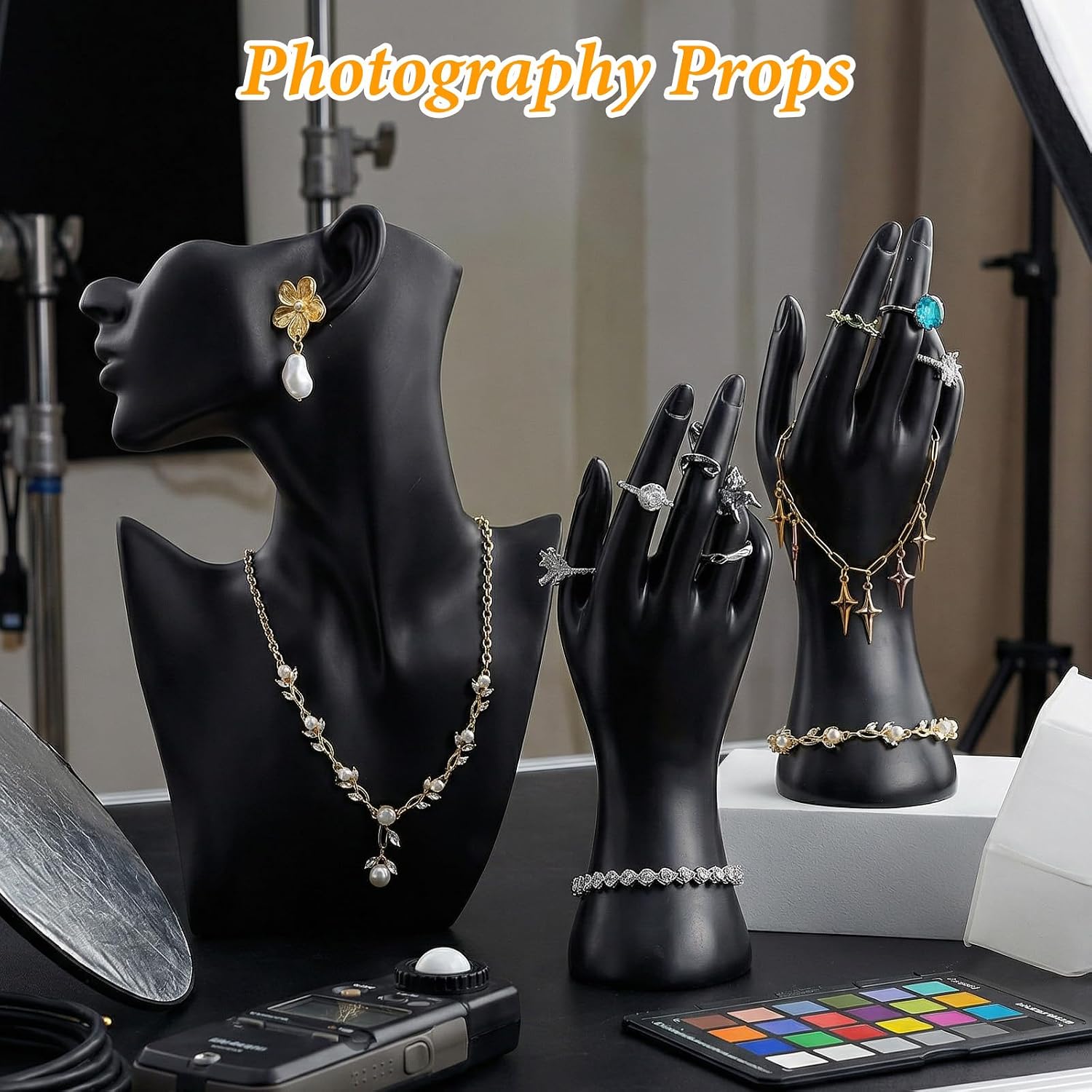 3 Pcs Jewelry Mannequin Display Set - Black PVC Bust Holder with 2 Hand Displays for Necklace, Earring, Bracelet & Ring Showcase - Elegant Jewelry Display Mannequins for Boutique & Photography