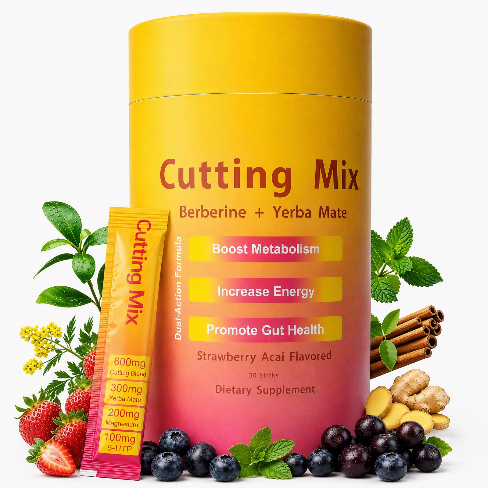 Cutting Mix Drink, Advanced Prebiotic, Vegan,Non-GMO, Gluten-Free,Energy & Gut Health,Strawberry Açaí – 30 Servings