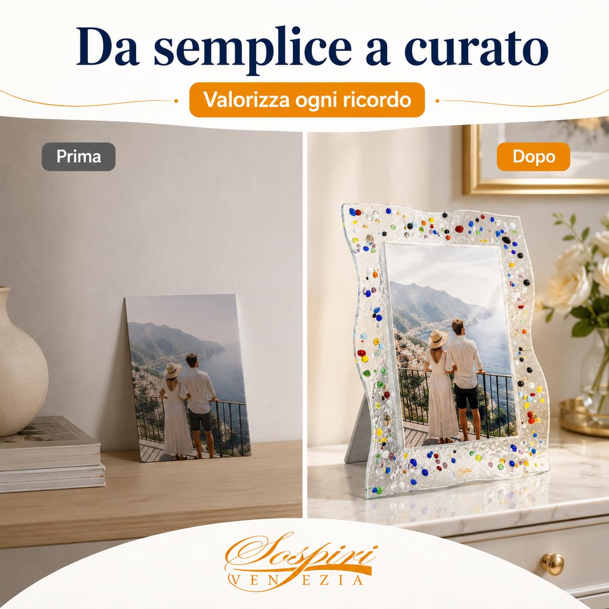 Sospiri Venezia Portafoto Vetro Murano Cornice con Supporto da Scrivania o Tavolo Foto 13x18 cm Decorato a Mano Soprammobile Casa Idea Regalo per Cerimonia Bomboniera (19X25 cm)