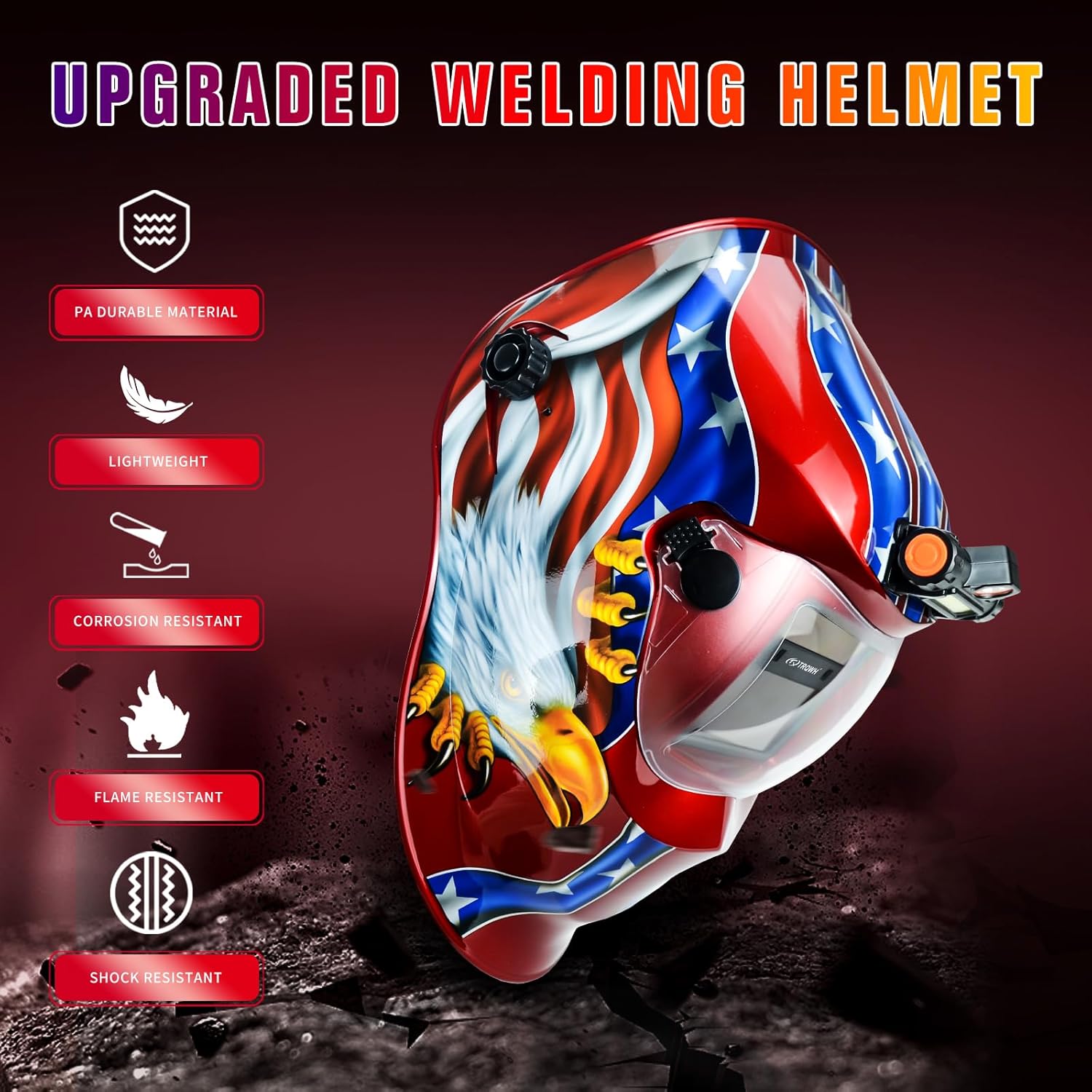 TRQWH Auto Darkening Welding Helmet with Light Solar Powered True Color Welding Hood 2 Arc Sensor Wide Shade 9-13 Welding Mask with Extra Grinding Mode Weld Helmet (Red-Eagle)