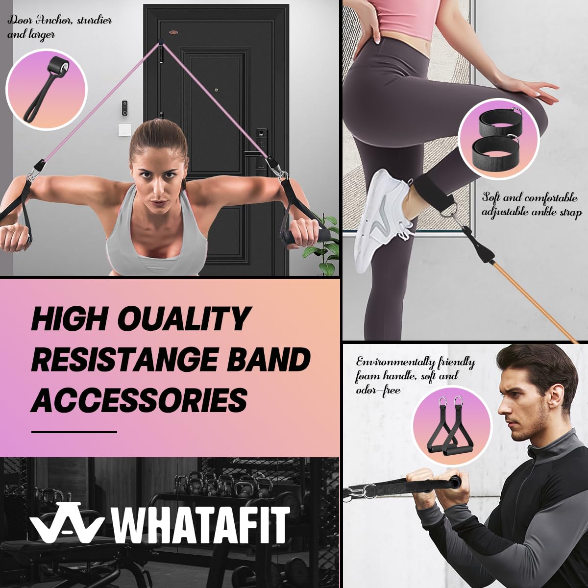 WHATAFIT Bandas de resistencia, bandas de ejercicio, bandas de resistencia para entrenamiento, bandas de entrenamiento con asas para hombres y mujeres, equipo de gimnasio en casa
