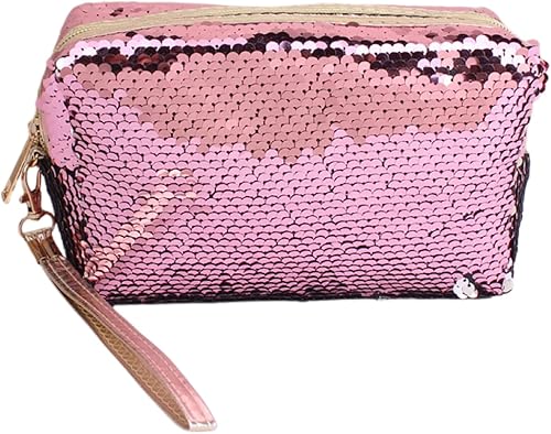 Dtweista Bolsas de cosméticos de viaje con lentejuelas mágicas reversibles, con purpurina, organizador de maquillaje, bolso para mujer, Rosado