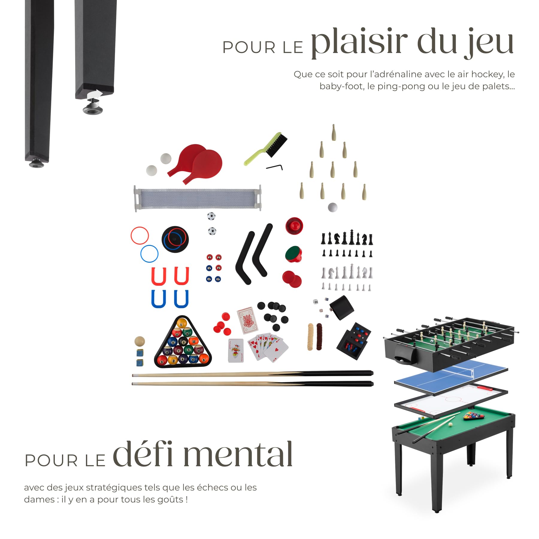 tectake® Table multijeux 15 en 1 Complet, Babyfoot, Ping Pong, Billard, Jeu de Dames, Backgammon, Échecs, Air Hockey, Bowling, Table de Jeux Billard Convertible, 125 x 123 x 83 cm, Accessoires Inclus
