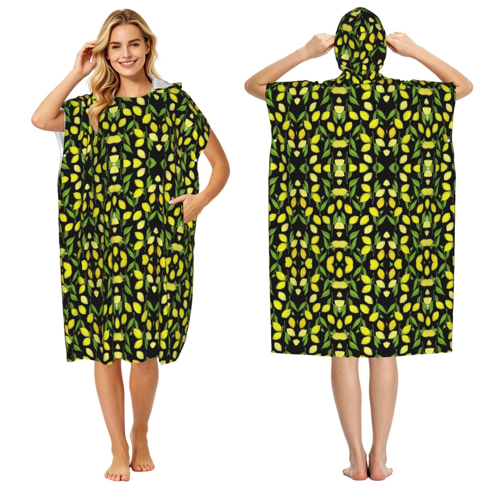EZDLOWVBA Yellow Fresh Lemons Print Hooded Poncho Microfiber Beach Towel,Adult Women & Men Changing Robe,Lightweight Summer Surf Swim Bath Poncho Towel