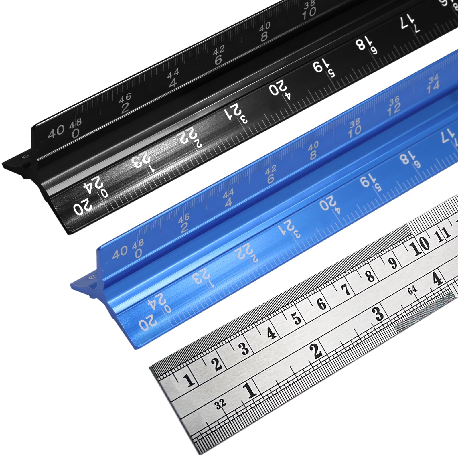 Biaungdo 3 Pack Engineer Scale Ruler Set, 12 Inch Aluminum Triangular Drafting Tool, Laser-Etched Scales Ruler for Draftsman, Standard Metal Ruler