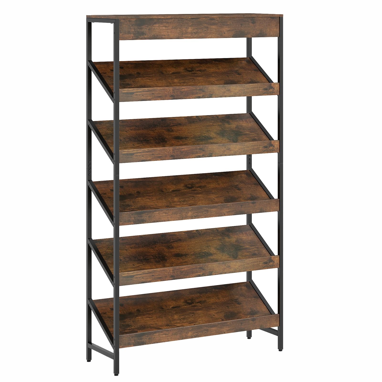 GIANTEX Librería de 6 Niveles, Estantería de Libros con Estantes Inclinados y Marco de Metal Robusto, 90 x 30 x 161 cm, Kits Antivuelco, Estantería de Almacenamiento para Salón, Dormitorio (Marrón)
