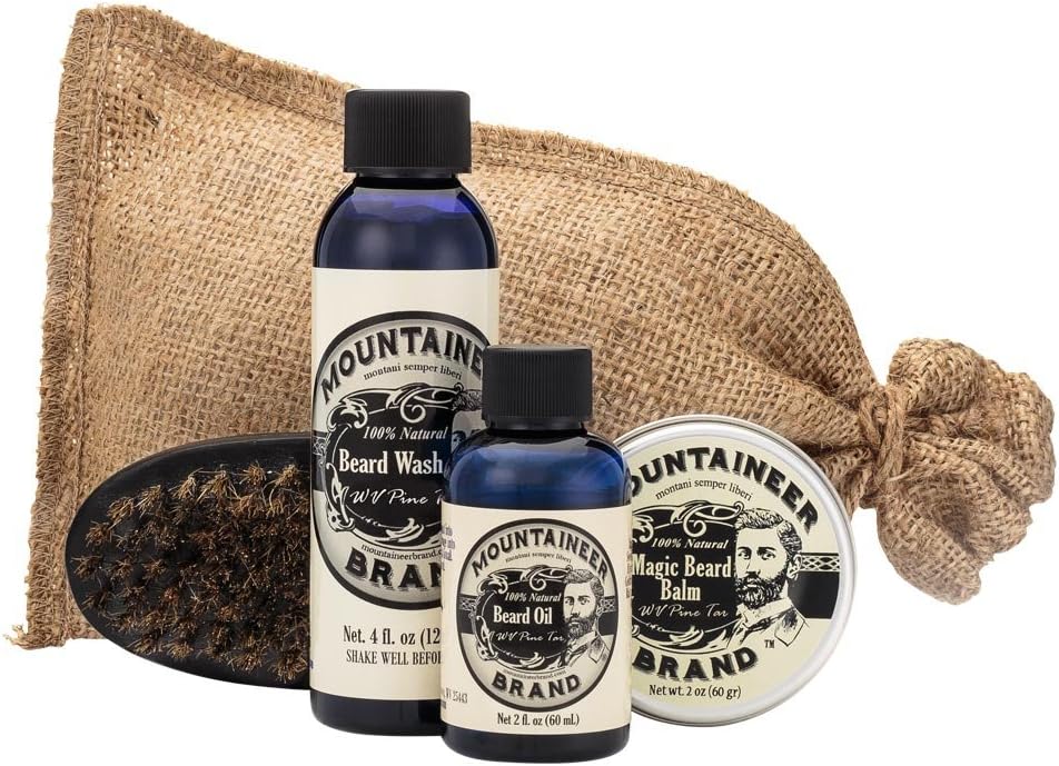 Beard Grooming Care Kit for Men by Mountaineer Brand | Beard Oil (2oz), Conditioning Balm (2oz), Wash (4oz), Brush (WV Pine Tar)