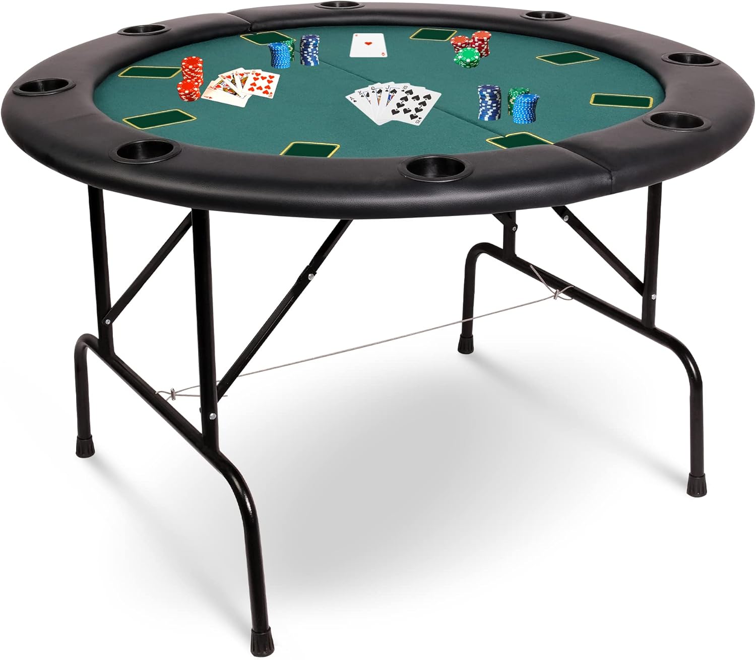 Poker Table Foldable, 8 Player Round Folding Portable Texas Holdem Poker Table with Water-Resistant Cushioned Rail & 8 Plastic Cup Holders, Casino-Grade Felt Surface for Blackjack, Green