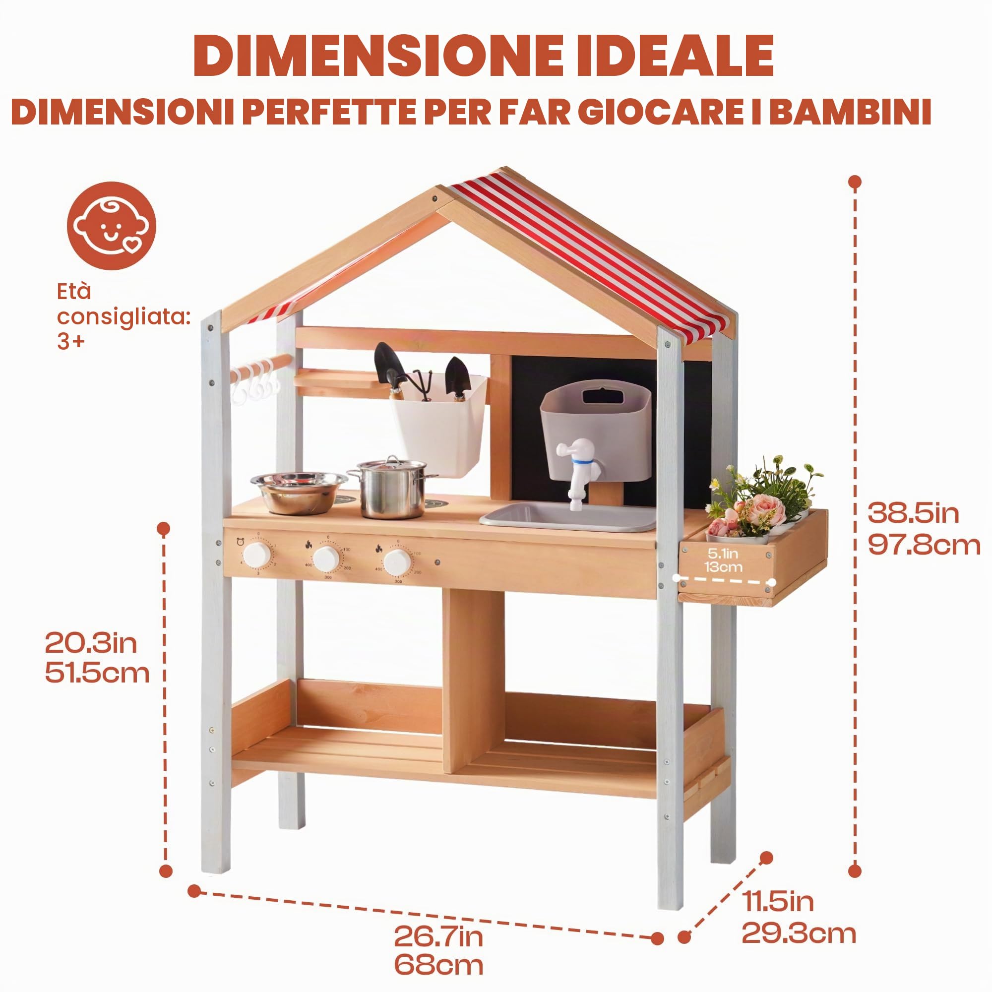 ROBOTIME Mud Kitchen Set da gioco all'aperto per bambini, cucina da gioco con vaso staccabile, lavandino, fornello, attrezzi da giardinaggio e spazio di archiviazione, accessori multipli, gioco di