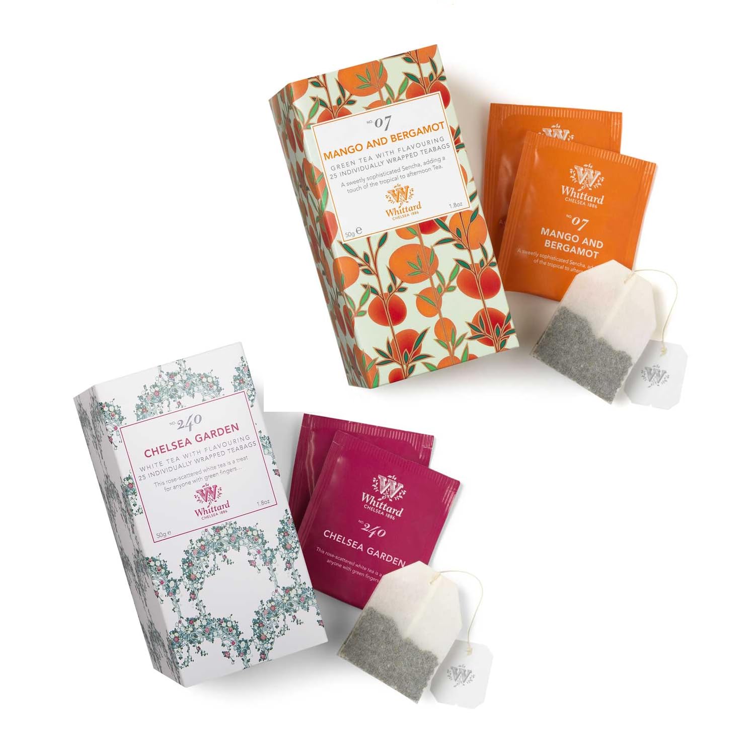 Whittard Té blanco sabor pétalo rosa Té verde mango bergamota 2 x 25 bolsitas 2 x 50 Gr