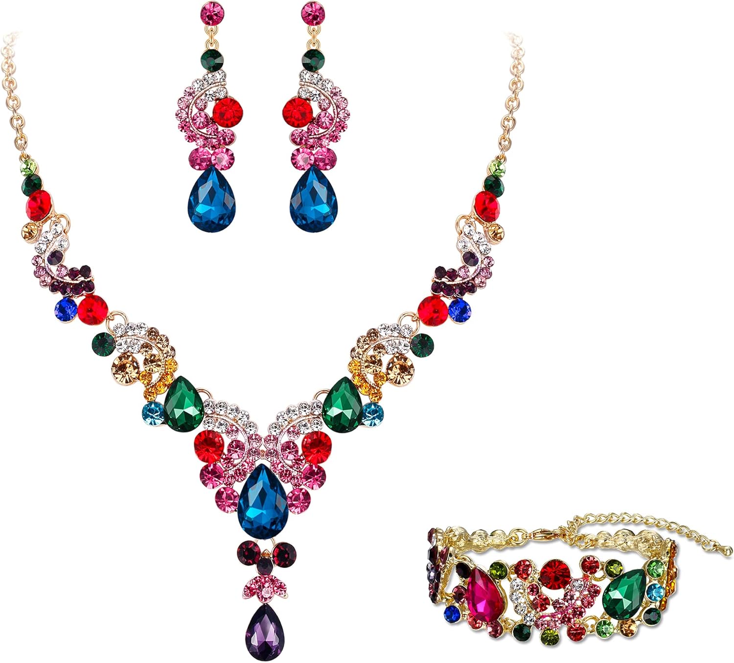 EVER FAITH Rhinestone Crystal Bridal Art Deco Floral Wave Teardrop Necklace Earrings Bracelet Jewelry Set