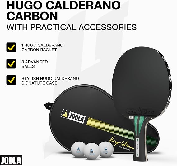 JOOLA Hugo Calderano Carbon Pro Table Tennis Racket Set Includes Competition-Level Racket with ITTF-Approved Micron Rubbers and Carbon Fiber Blade, 3-Star Tournament Balls & Protective Carry Case