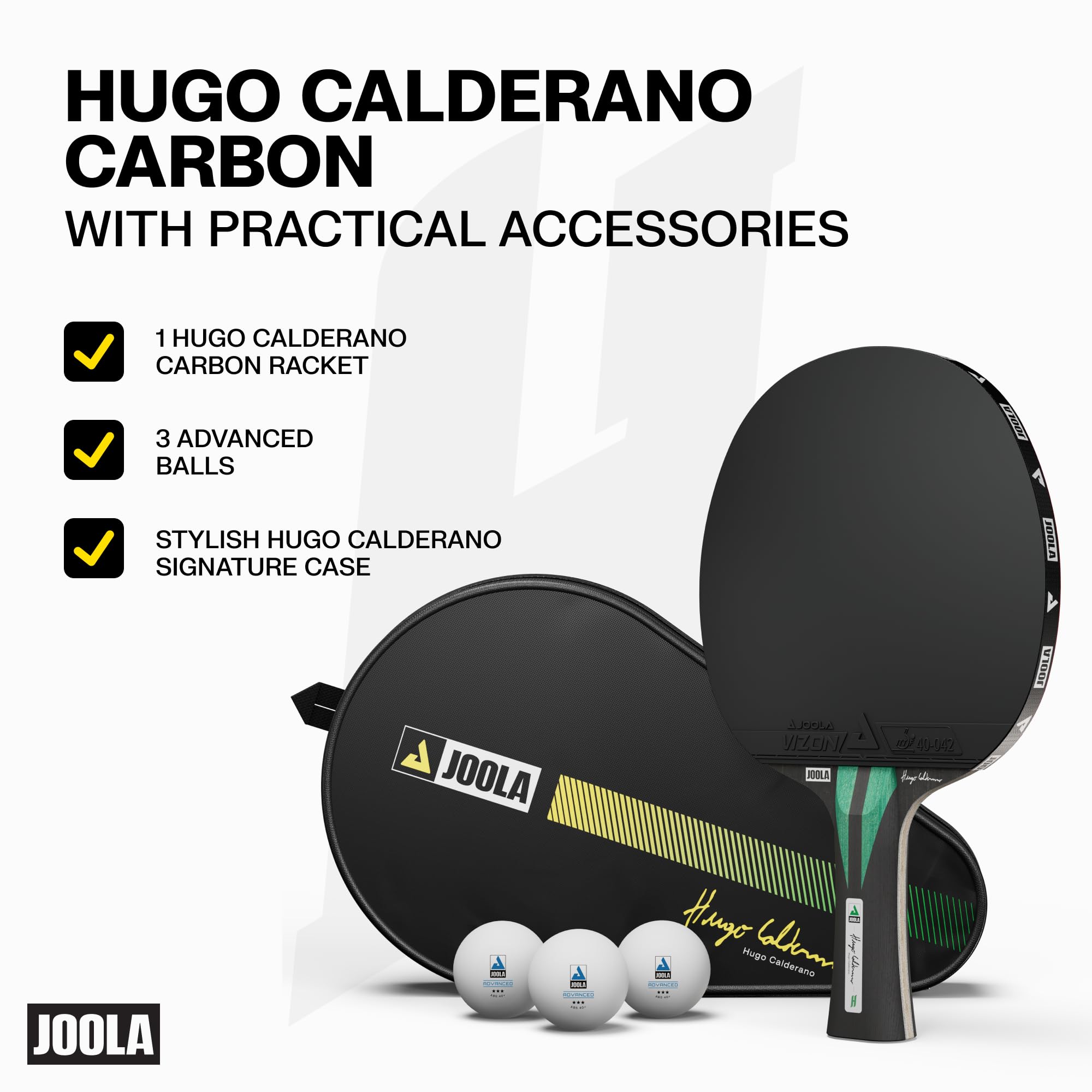 JOOLA Hugo Calderano Carbon - Raqueta de ping pong (incluye 3 pelotas de ping pong + funda, aprobado por la ITTF, revestimiento Vizon), color negro y verde