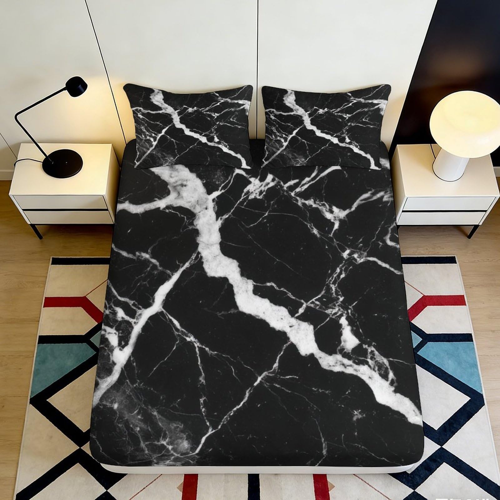 3D Printed Black Marble Fitted Sheet Microfiber Soft Bedroom Decor White Vein Mattress Cover for Home Dorm Guest Room 90x200x25cm
