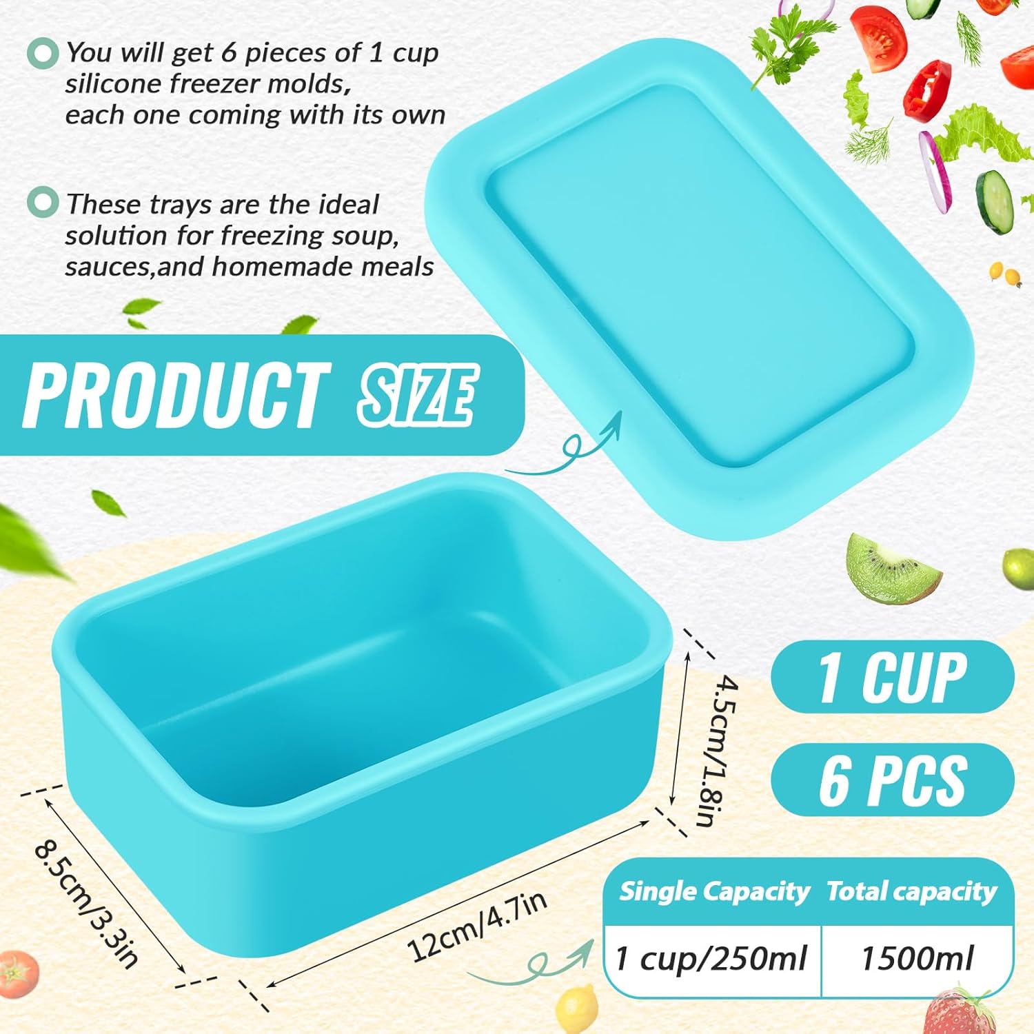 Teenyyou 6 Packs 1 Cup Silicone Soup Freezer Molds with Lid Silicone Soup Freezer Trays Rectangle Reusable Food Preserving Tray Freezing Sauces Stews(Lake Blue)