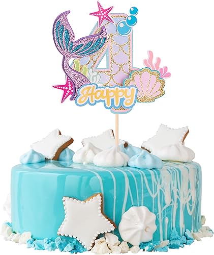 Gyufise 1 pieza de decoración de pastel de sirena de 4 cumpleaños para niños y niñas, baby shower bajo el mar, temática de sirena, suministros de
