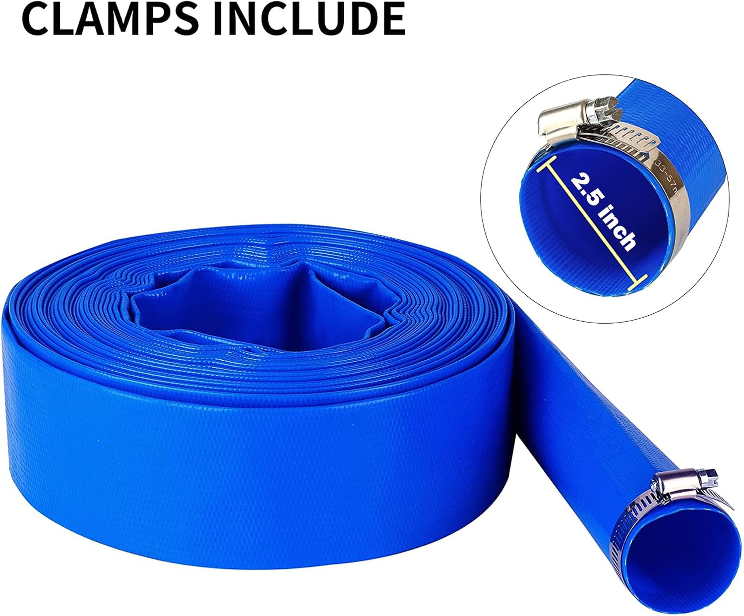 DAVCO 2.5" x 50 ft Pool Backwash Hose, Heavy Duty Reinforced Blue PVC Lay Flat Water Discharge Pump Hoses For Swimming Drain Pools and Clean Filters,with 1 Clamp
