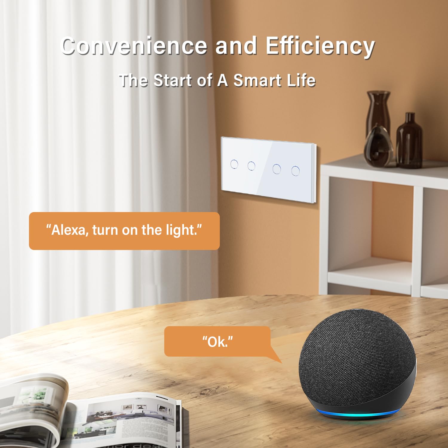 BSEED Doppio interruttore della luce WiFi Smart Alexa, senza conduttore neutro, interruttore touch WIfI in vetro, Alexa e Google Home Work con Tuya, 2 scomparti + 2 scomparti 157 mm, bianco