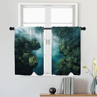 Batmerry Environment Misty Atmosphere Tier Curtains, Forested Area Natural Beauty Cafe Curtain Short Kitchen Drapes Small Valance for Bathroom, 2 Pack 36X26 Inches