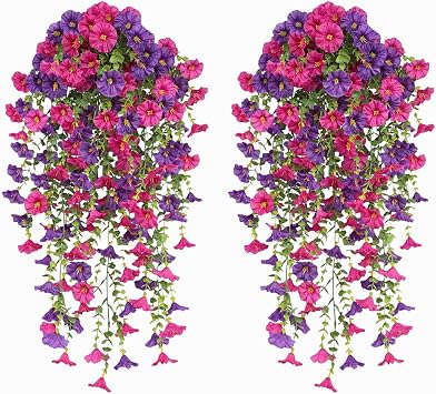 Outdoor Hanging Flowers Artificial Plants, 4PCS Fake Hanging Flowers UV Resistant Faux Silk Morning Glory Vine Hanging Plants for Indoor Outside Home Decor Porch Patio Garden Purple & Fuchsia