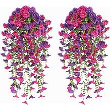 4PCS Artificial Flowers for Outdoors Fake Hanging Flowers Plants UV Resistant Faux Silk Morning Glory Vine Hanging Plants for Indoor Outdoor Home Decor Porch Patio Garden Purple & Fuchsia