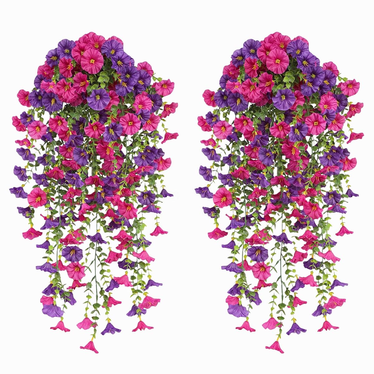 Avoik 4PCS Artificial Flowers for Outdoors, Fake Hanging Flowers Plants UV Resistant Faux Silk Morning Glory Vine Hanging Plants for Indoor Outdoor Home Decor Porch Patio Garden(Purple & Fuchsia)