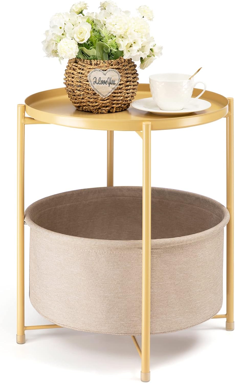 danpinera Round Side Table with Fabric Storage Basket, Metal Side Table Small Bedside Nightstand with Removable Tray Top for Living Room, Bedroom, Nursery, Laundry, Pale Yellow Pale Yellow 1