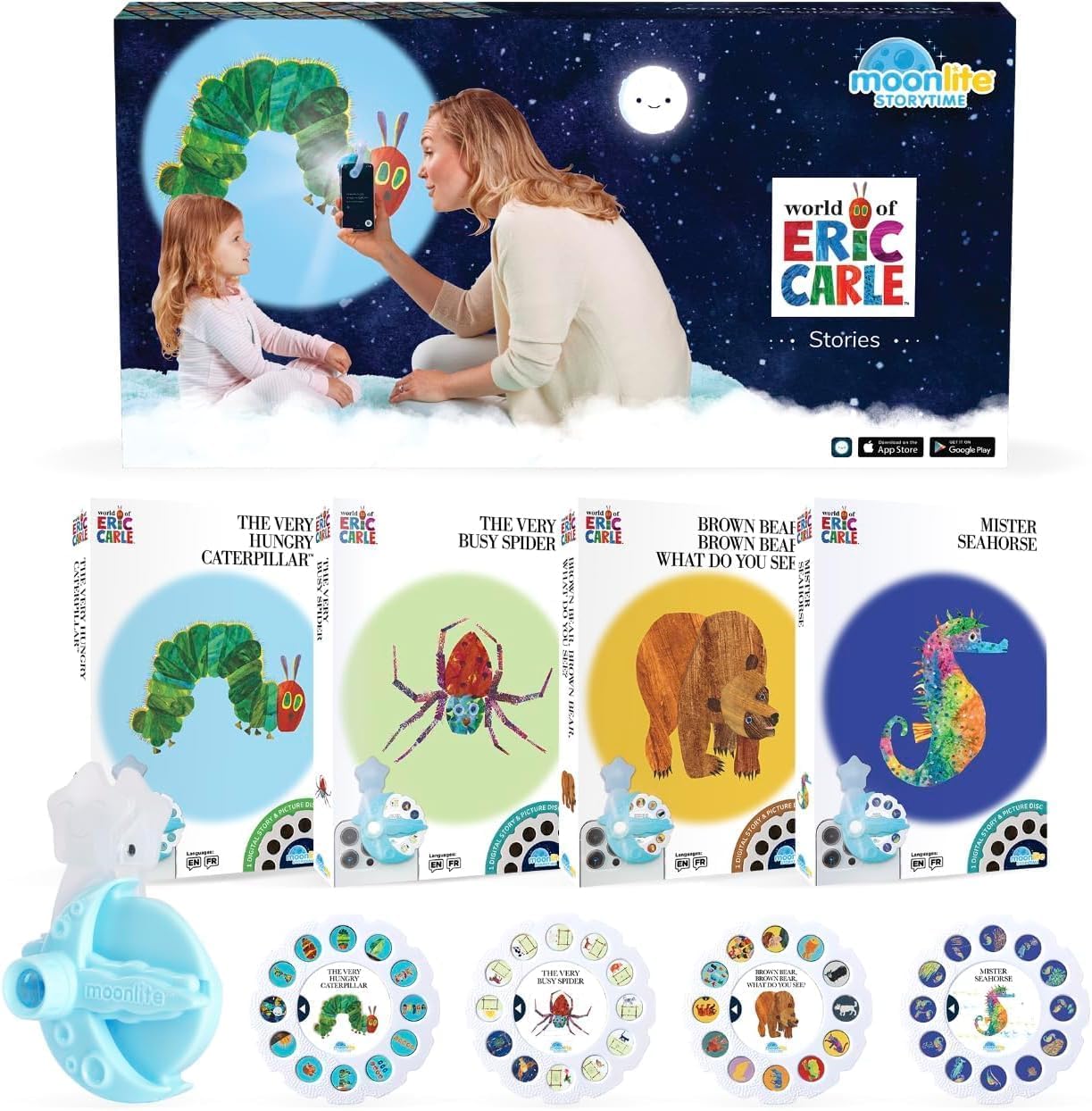 Moonlite 6045269 Special Edition Eric Carle Gift Pack, Storybook Projector for Smartphones with 5 Story Reels, for Ages 1 and Up, Multi Colour