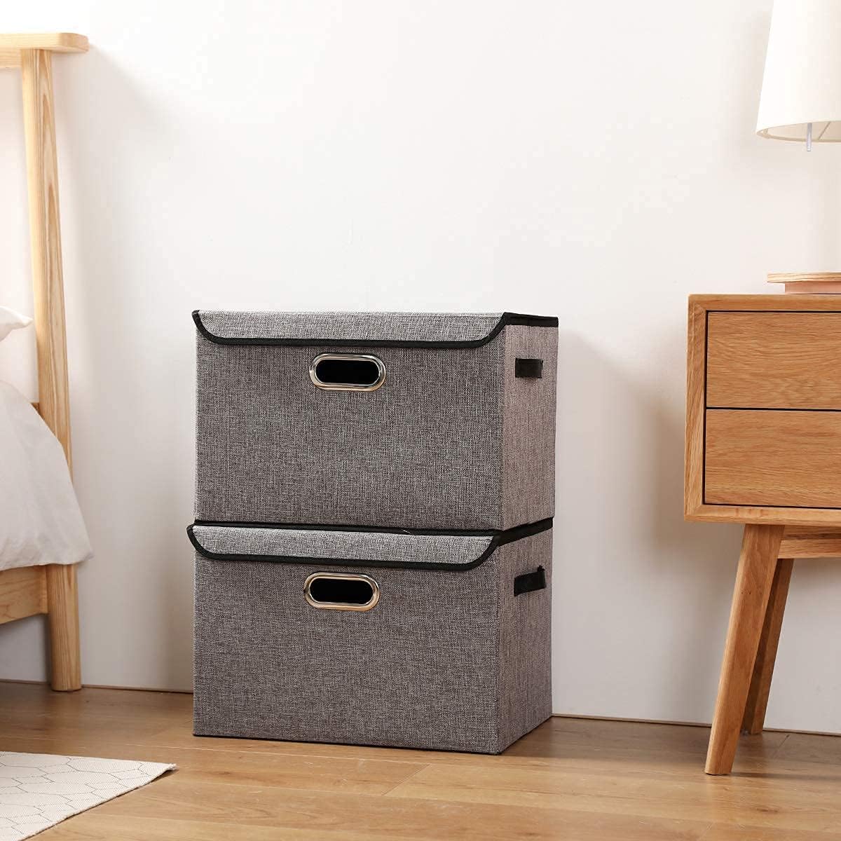 Large Foldable Storage Box Bin with Lids[2-Pack] Stackable Linen Fabric Storage Container Organizers with Handles for Home Bedroom Closet Nursery Office (Gray Color)