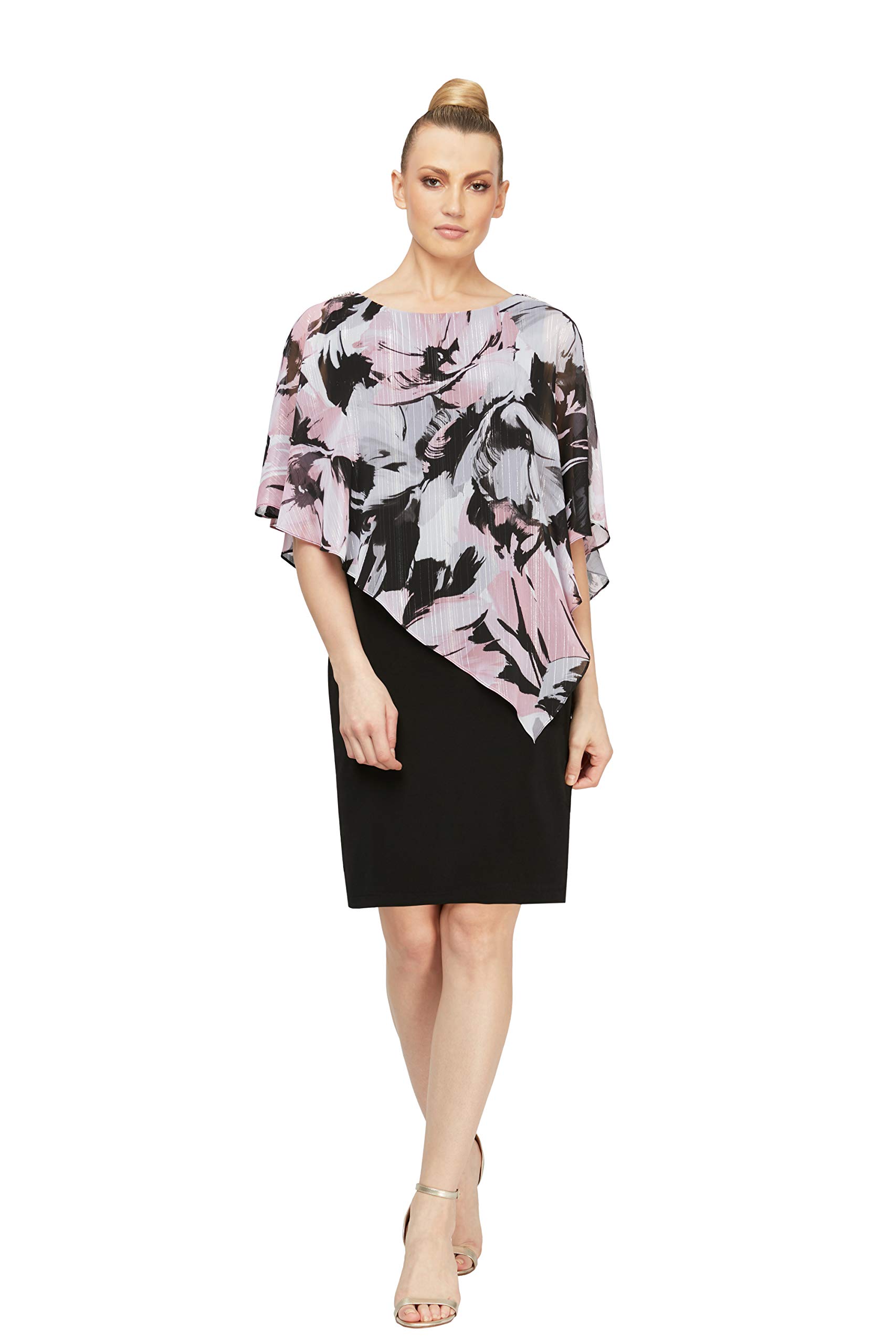 S.L. Fashions Women's Plus Size Short Popover Cape Dress, Black Floral Blush, 24 Plus