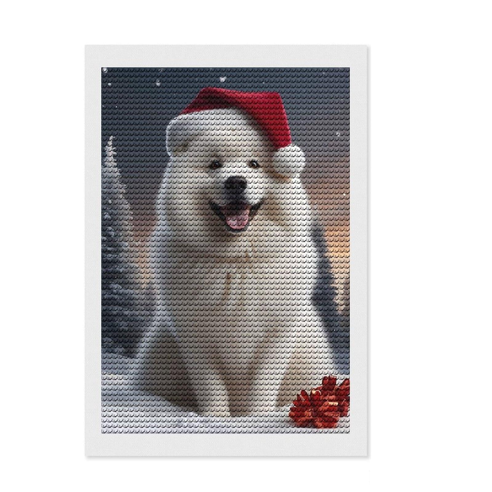Junmoney Samoyed Dogs Santa Diamond Art Canvas 8"x12", Adhesive Canvas, Easy to Enjoy, Living Room Decor, Birthday Gift, Simple to Start