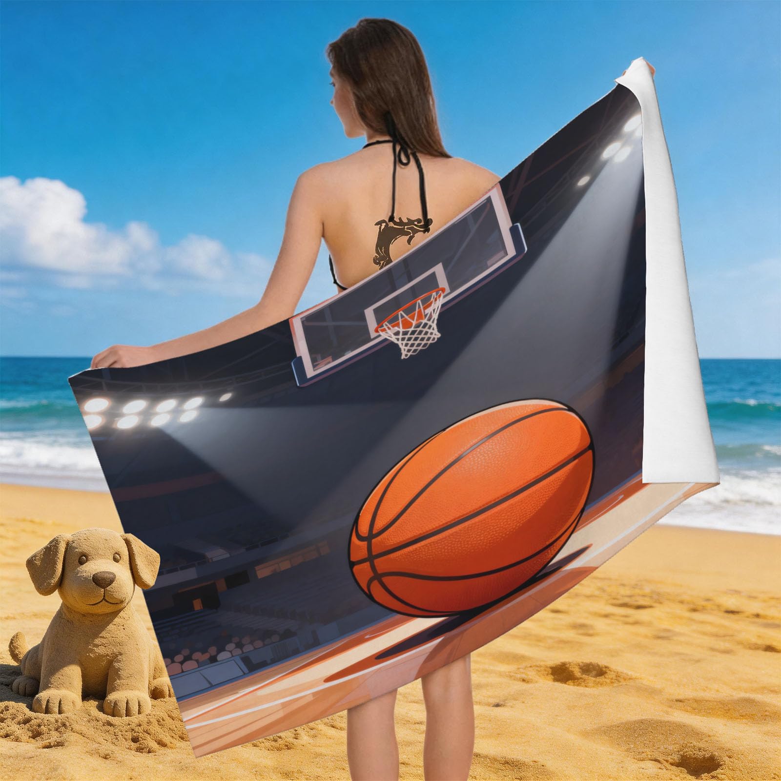 Leichong Men's Orange 3D Basketball Beach Towel Microfiber Soft Quick Dry For Adults, Sports Theme Bath Towel Lightweight Soft Absorbent For Travel Swimming Pool Sports, 75 X 150 Cm