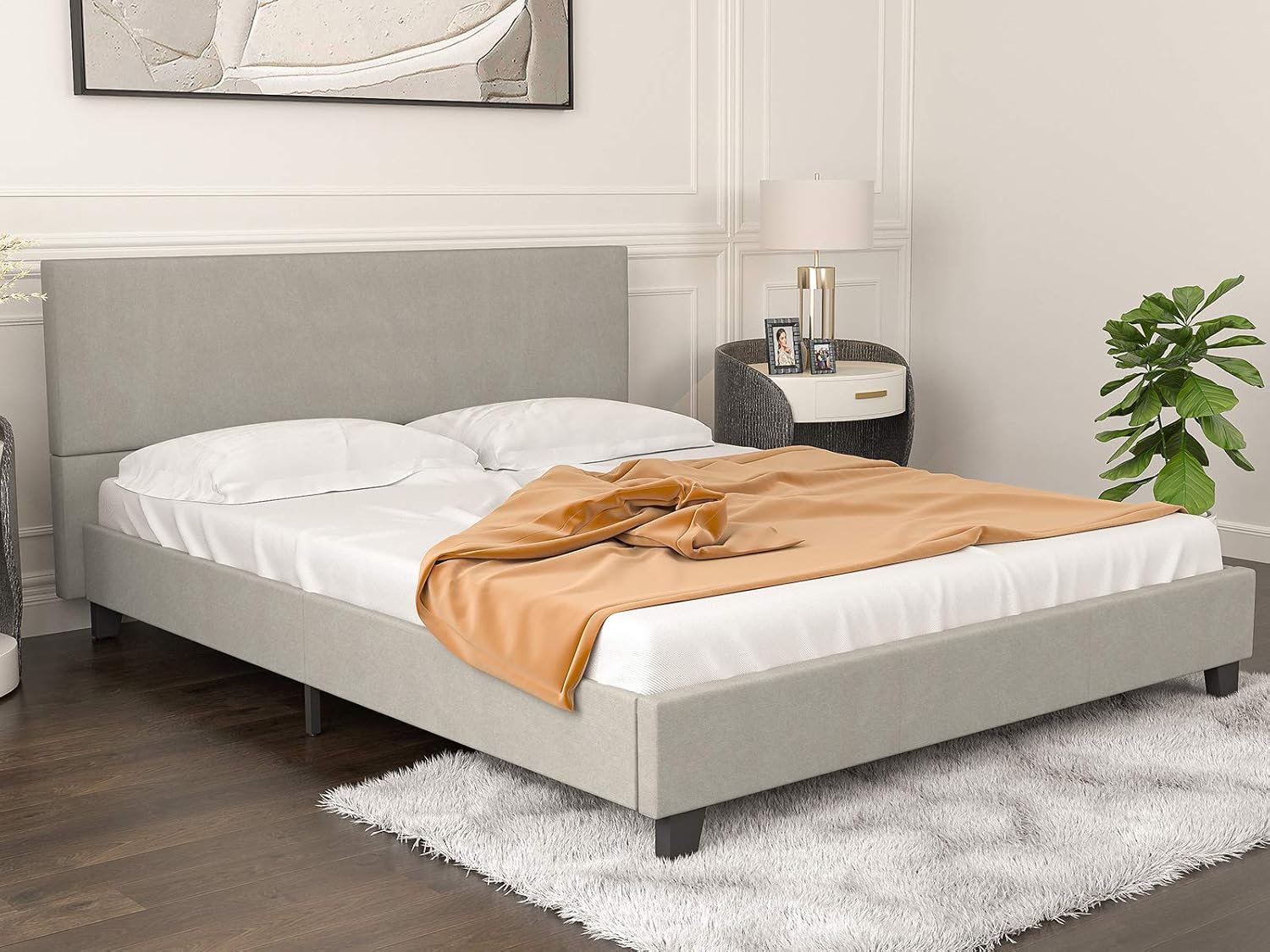 mecor Upholstered Linen Platform Bed Frame - Queen Bed Frame with Wooden Slats Support - No Box Spring Needed, Mattress Foundation for Adults Teens Children (Light Grey/Queen)