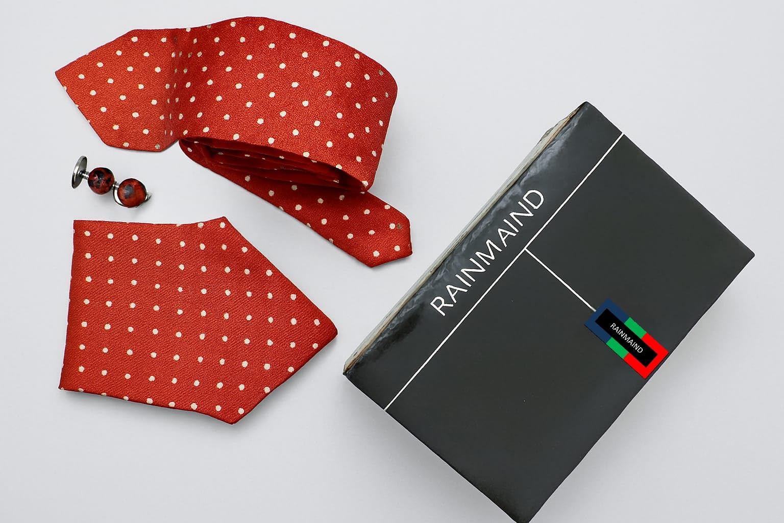RAINMAIND Italian Orange Tie Accessories Gift Set – Tie, Pocket Square, Cufflinks & Brooch 1