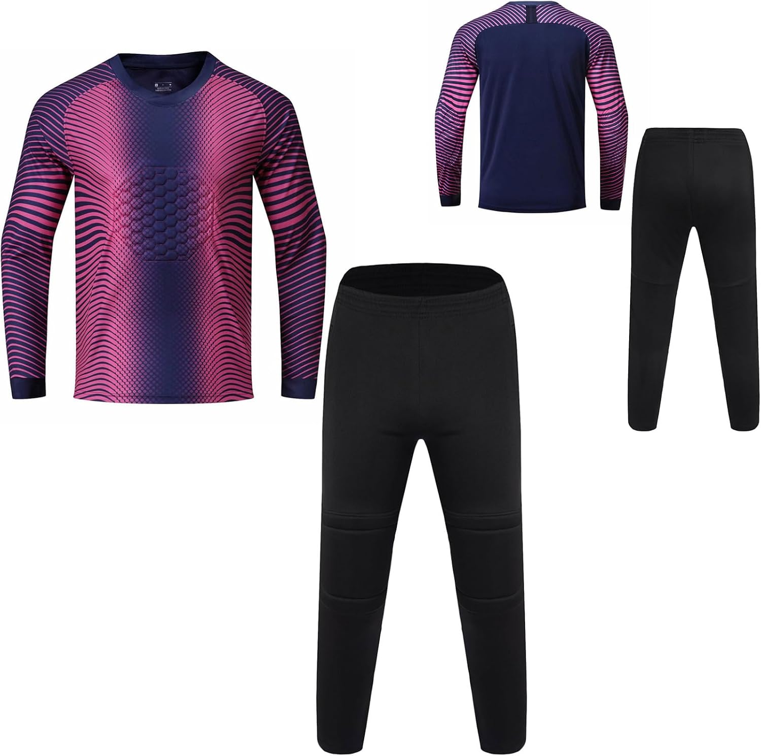 Kids Boys 2 Piece Soccer Goalkeeper Jersey Tracksuit Long Sleeve Padded Goalie Shirts with Pants Set