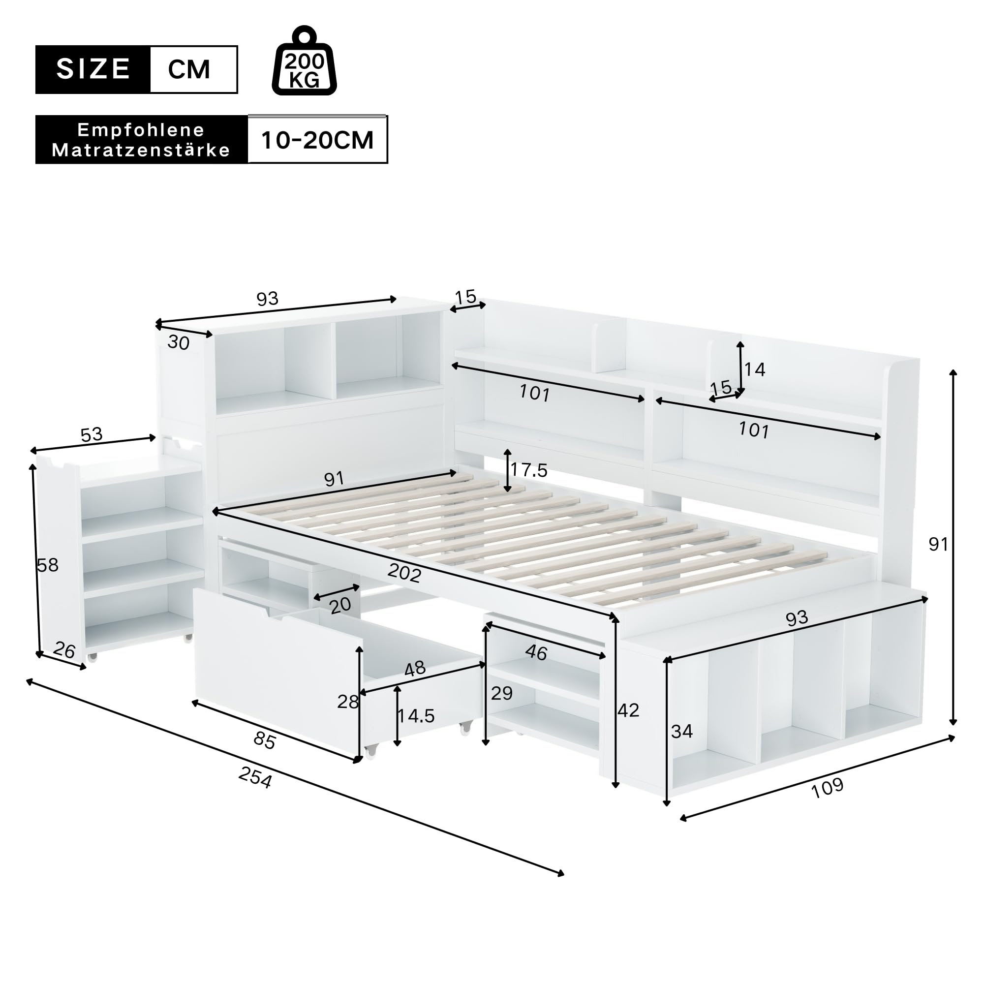 Merax Kinderbett 90x200 cm mit Stauraum, Einzelbett Funktionsbett Jugendbett mit Schubladen, Stauschrankgal, Bücherregal, Nachttisch, Ohne Matratze, Weiß/254x109x91cm