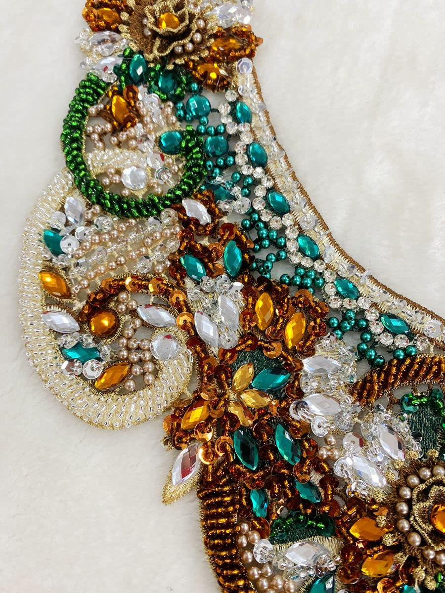 Multicolored Rhinestone & Bead Applique Patches - Sew On Trim For Dress Neckline, Clothes Embellishment (Brown)
